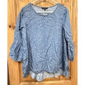 John Mark Blue Chambray Boho Bell Sleeve Peplum Top Small Coastal